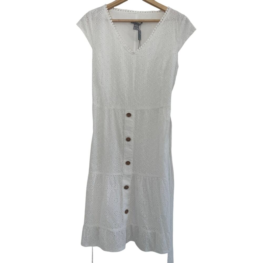 NWOT Duplan Womens Dress Size 10 Petite White Eyelet Belted Mini Cottagecore